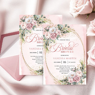 Invitación Polvo Chic Rosa Floral Eucalipto Despedida de Solt