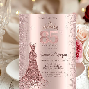 Invitación Polvo de Brillo Rosa Dorado Diamante Vestido Cumpl