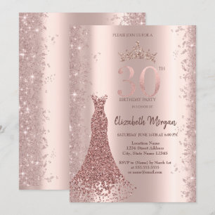 Invitación Polvo de Brillo Rosa Dorado Diamante Vestido Cumpl