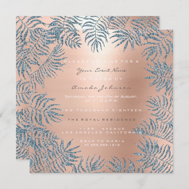 Invitación Polvo de Brillo Rosa Dorado Floral Azul Rosa (Anverso / Reverso)