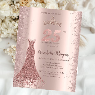 Invitación Polvo de Brillo Rosa Oro Vestido de Diamante 25th