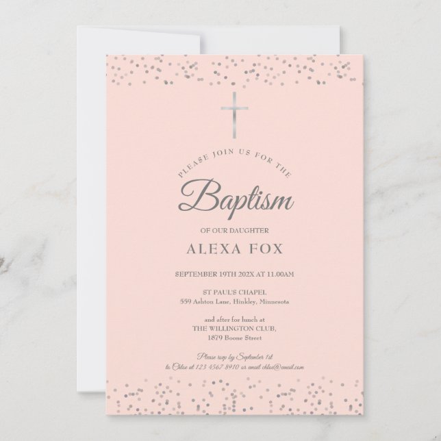 Invitación Polvo de Estrellas de Plata Bautizo Blush Rosa (Anverso)