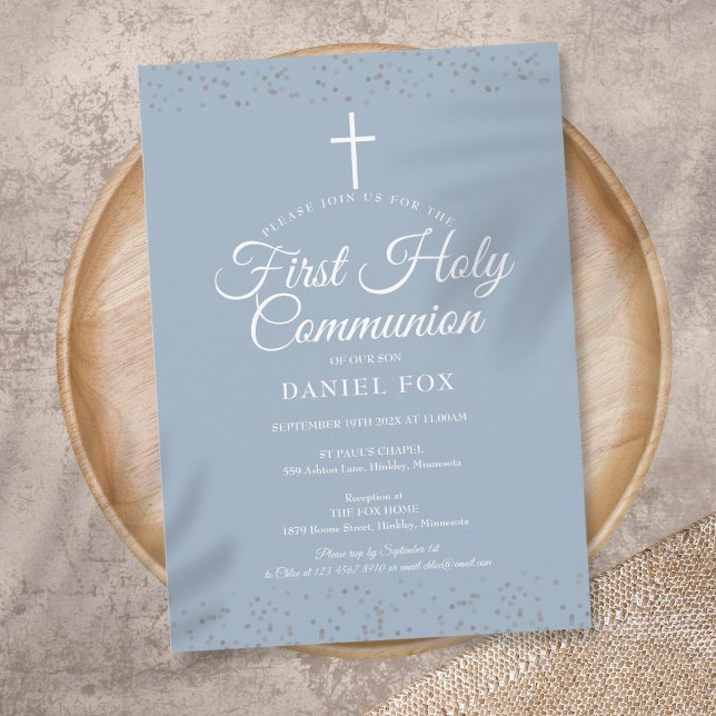 Invitación Polvo de estrellas plateadas Primera Comunión Azul (Subido por el creador)