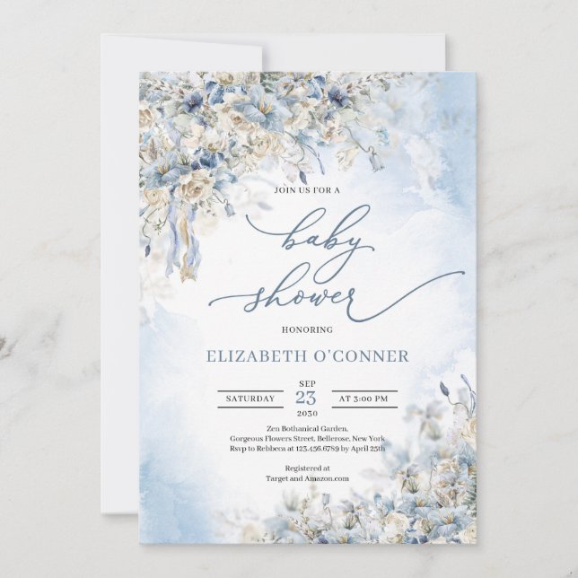 Invitación Polvo de invierno azul floral rosa blanca eucalipt (Anverso)