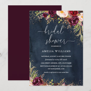Invitación Polvo de Oro Burgundy Naval Floral Lluvia de Novia