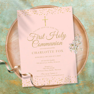 Invitación Polvo de Oro Primera Comunión Rosa Beige