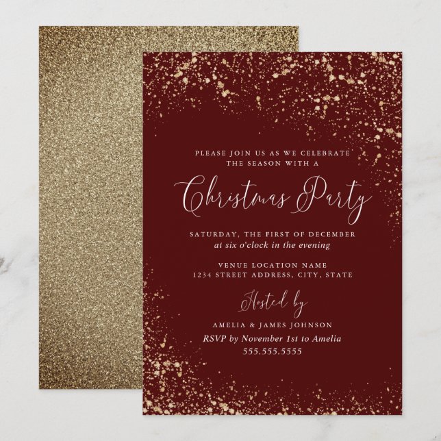 Invitación Polvo de Oro Rojo Burdeos Navidad (Anverso / Reverso)