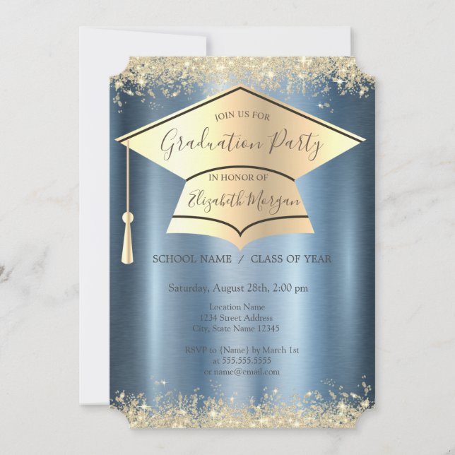 Invitación Polvo de oro, tapón de graduación, graduación azul (Anverso)