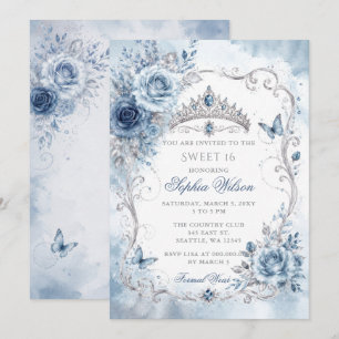 Invitación Polvo de Plata Azul Floral Mariposa Dulces 16