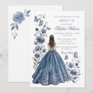 Invitación Polvo de plata azul floral princesa Sweet 16