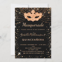 Invitación Polvo de purpurina de oro negro de mascarada Quinc