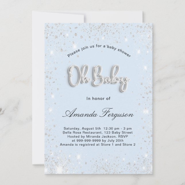 Invitación polvo de purpurina de plata de bebé azul de Baby S (Anverso)