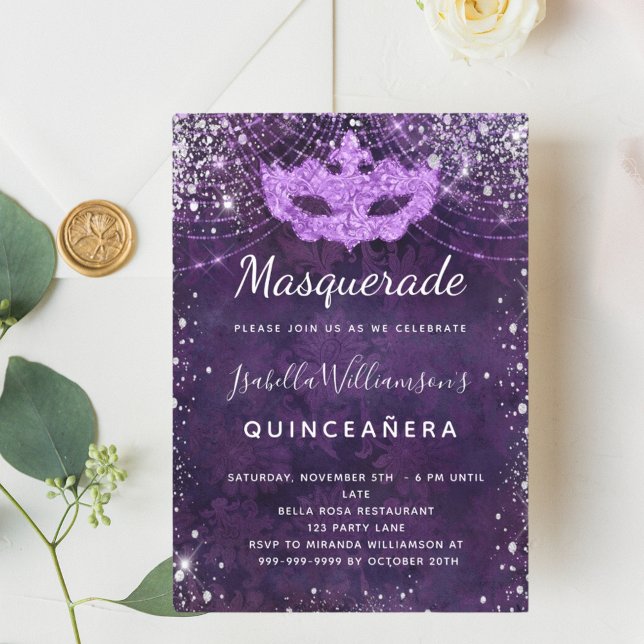 Invitación Polvo de purpurina de plata púrpura Quinceanera (Subido por el creador)