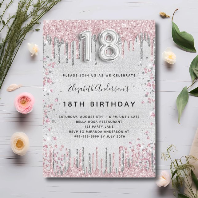 Invitación Polvo de purpurina metalizado rosa plateado de 18  (Subido por el creador)