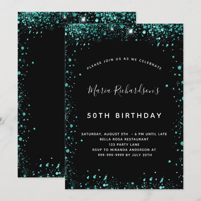 Invitación Polvo de purpurina verde verde azulado negro de cu (Anverso / Reverso)