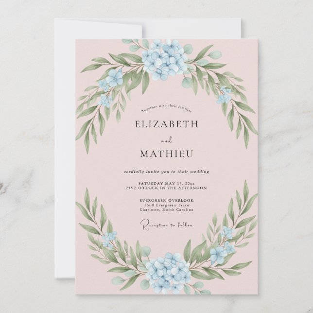Invitación Polvo de Rubor Azul Etéreo Boda de Primavera (Anverso)