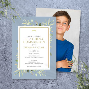 Invitación Polvo de Vegetación Azul Primera Comunión Foto