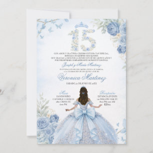Invitación Polvo Español Azul Floral 15 Años Niña Princesa