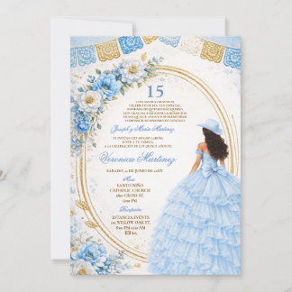 Invitación Polvo Español Azul Princesa Charra 15 Años Floral