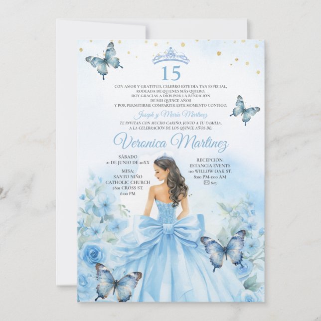 Invitación Polvo Español Azul Princesa Mariposa Arco 15 Años (Anverso)