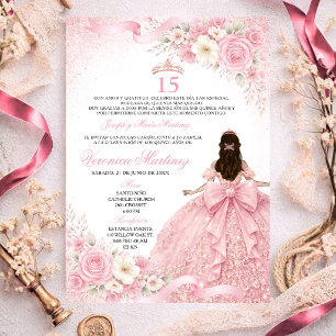 Invitación Polvo Español Rosa Princesa Floral 15 Años