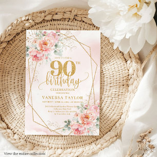 Invitación Polvo eterno Floral de oro rosado 90 cumpleaños