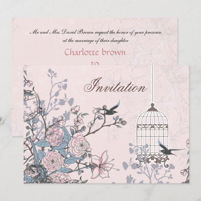 Invitación polvo floral pájaro rosa jaula pájaros amados boda (Anverso / Reverso)