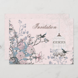 Invitación polvo floral pájaro rosa jaula pájaros amados boda