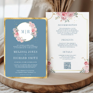 Invitación Polvo Floral Rosa Rosado Azul Oscuro Todo en Uno B
