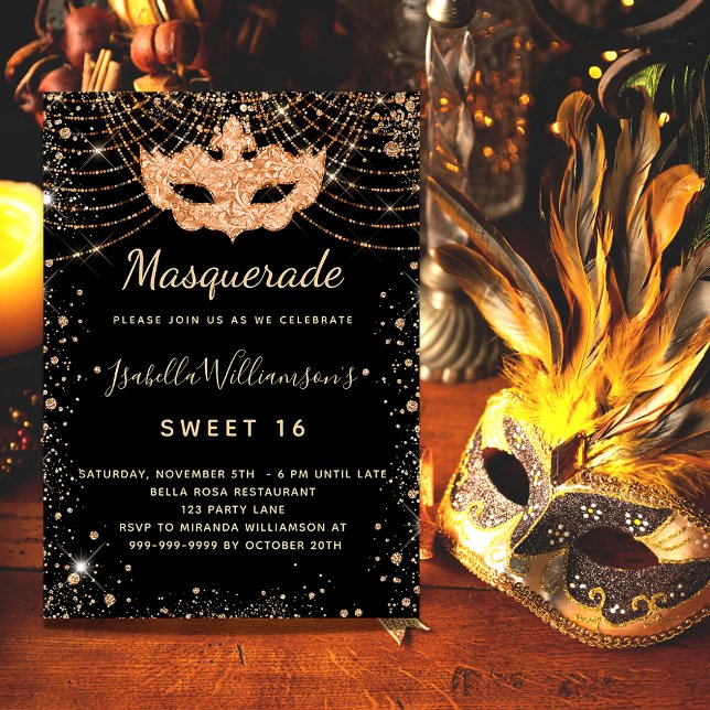 Invitación Polvo purpurina de oro negro de mascarada Dulce 16 (Subido por el creador)