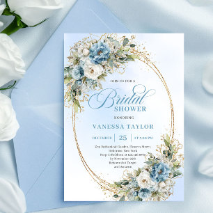 Invitación Polvo Romántico Azul Floral Eucalipto Boda Showe