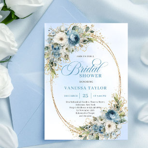 Invitación Polvo Romántico Azul Floral Marco Dorado Bridal Sh