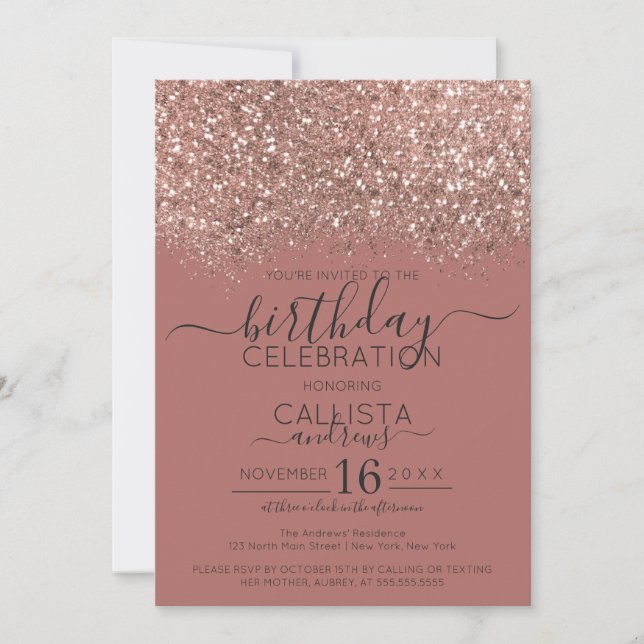 Invitación Polvo Rosa Dorado Brillante Confeti Cumpleaños (Anverso)