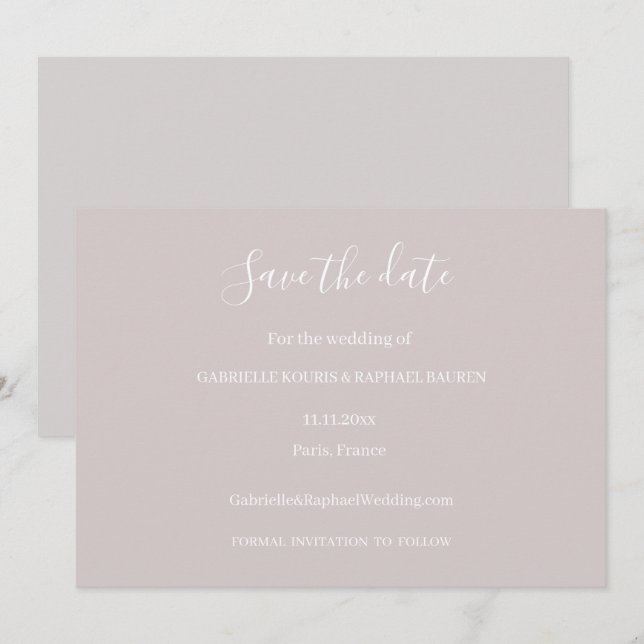 Invitación Polvo Rosa Gris y Blanco Ahorrar la Fecha Boda (Anverso / Reverso)