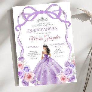 Invitación Polvo Rosa Purpúrea Lazo Princesa Plata Quinceañer