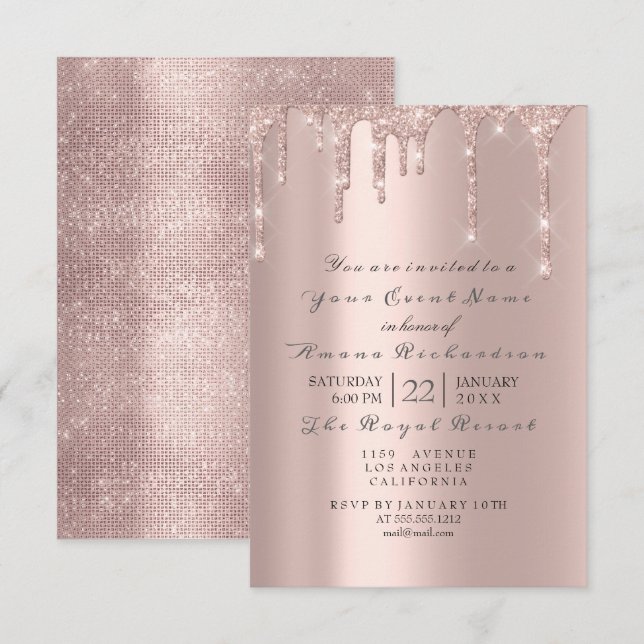 Invitación Polvo rosa rosa Pastel Polvo Purpurina espumoso Pe (Anverso / Reverso)