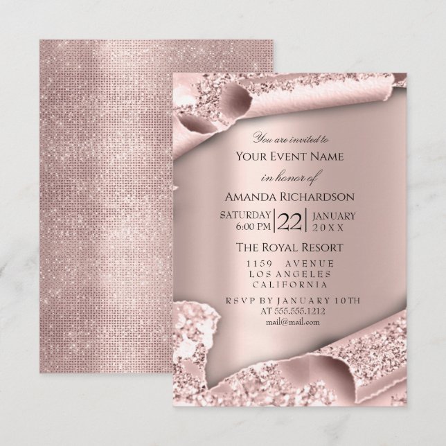 Invitación Polvo rosa rosa Pastel Polvo Rosa espumoso Purpuri (Anverso / Reverso)
