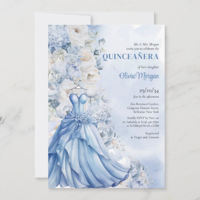 Invitación Polvo suave azul floral Vestido formal Quinceañera (Anverso)
