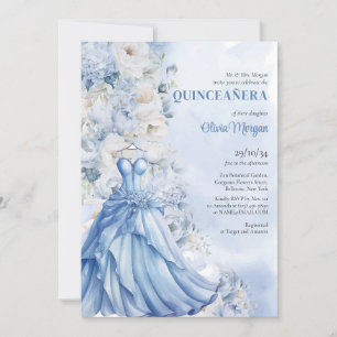 Invitación Polvo suave azul floral Vestido formal Quinceañera