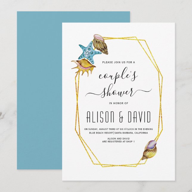 Invitación Polvo y conchas de playa parejas de boda ducha (Anverso / Reverso)