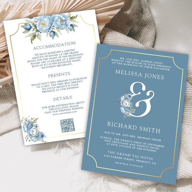 Invitación Polvorienta ampersa floral azul y todo en un Boda (Subido por el creador)