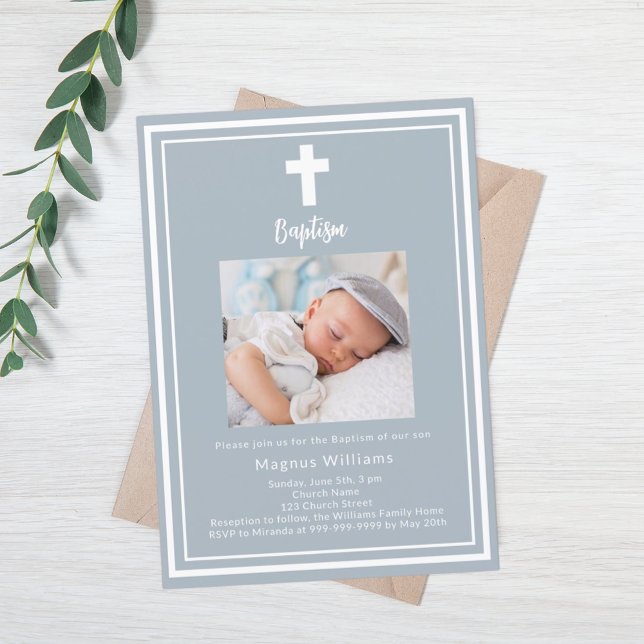 Invitación Polvorienta foto azul Bautismo (Subido por el creador)