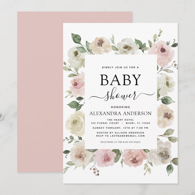 Invitación Polvorienta vegetación floral de Baby Shower rosa  (Anverso / Reverso)