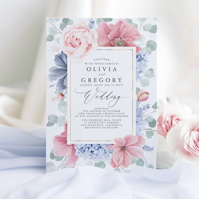 Invitación Polvorientas flores azules y Rosas turbias boda el (Dusty Blue and Dusty Pink Wedding Invitations)