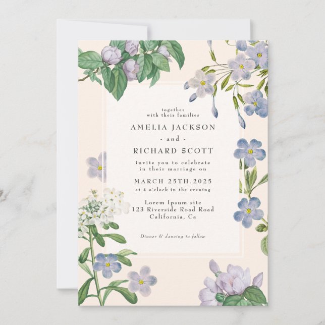 Invitación Polvoriento azul acuarela floral boda clásica (Anverso)