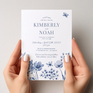 Invitación Polvoriento azul acuarela floral boda moderno