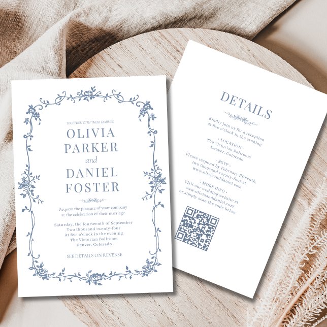 Invitación Polvoriento azul francés todo en un Boda victorian (Subido por el creador)