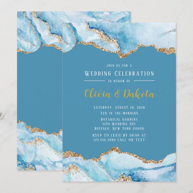 Invitación Polvoriento azul y oro Agate Elegante boda (Anverso / Reverso)