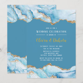 Invitación Polvoriento azul y oro Agate Elegante boda