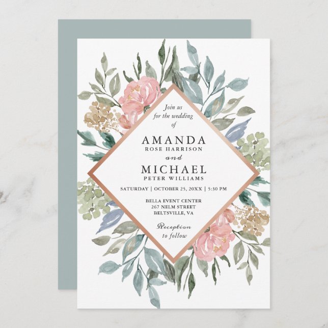 Invitación Polvoriento Boda floral verde azul azul verde azul (Anverso / Reverso)